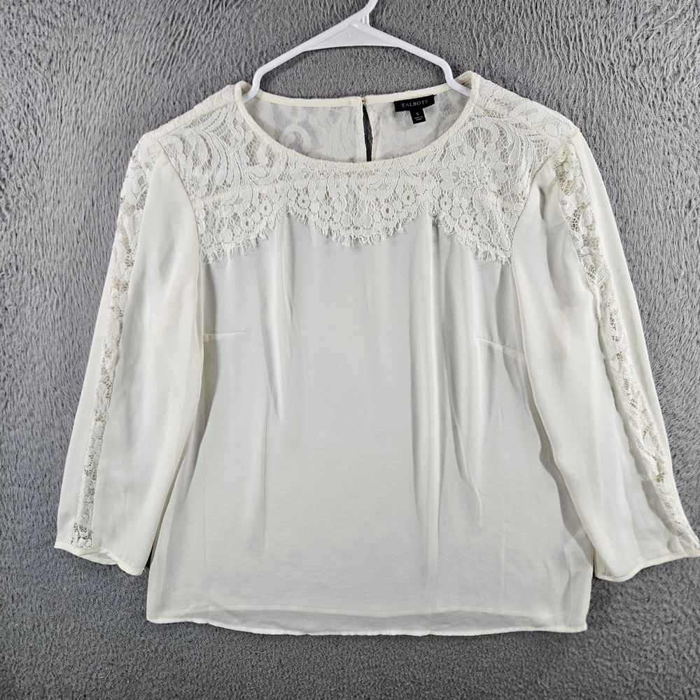Talbots Womens Ivory Lace Yoke 3/4 Sleeve Blouse Top Size S Cream Off White